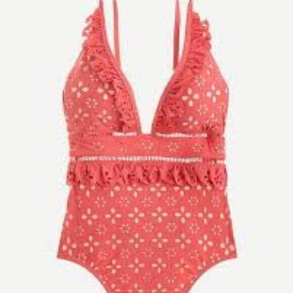 J. Crew Scalloped Ruffle Plunging One-piece Swimsuit Laser-cut Eyelet 4 - Picture 2 of 8